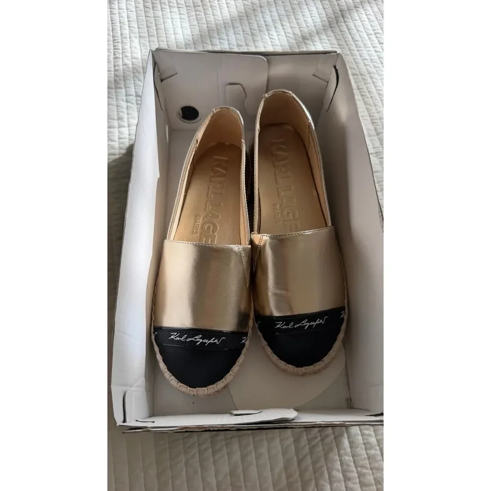 Karl Lagerfeld Paris Gold Metallic Espadrille Flats Size 6 New in Box. $109